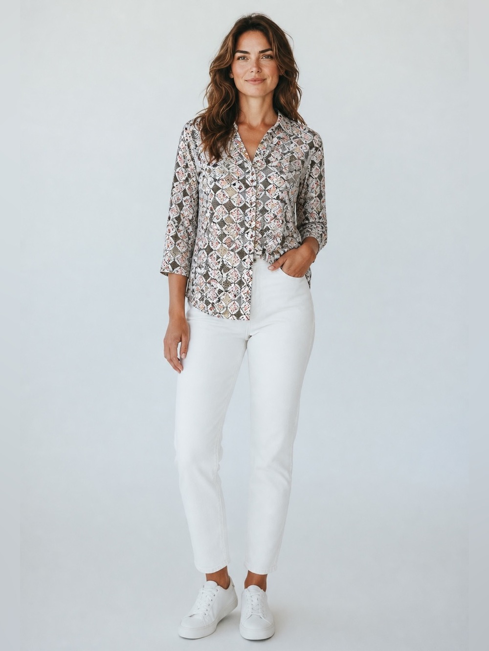 Westbound Wrinkle Free Geometric Top Womens Size 14 100% Cotton Button-Up Office